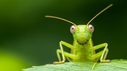  A grasshopper closely examines the camera, a green leaf situated near, while the backdrop softly blurs