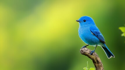  A blue bird perched on a tree branch against a green and yellow boke  of blurred background