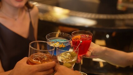 Circle of friends or couple standing fronted bar making selfie, choosing photo to share drinking cocktail in Paloma, Margarita, Old fashioned and Martini making special party at nightclub. Vinosity.