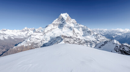 ImageMajestic Winter Mountain Peaks A Stunning Snow-Covered Landscape, Showcasing the Beauty of Nature's Towering Giants A Serene View of Snow-Capped Summits in Winter's Embrace