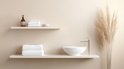 Neutral-toned minimalist bathroom with floating shelves, beige walls, minimalist bathroom, contemporary organization