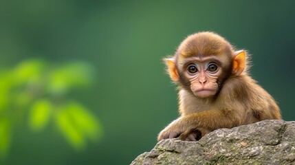 Fototapeta premium A small, brown monkey sits atop a rock, beside a green, leafy tree on a sunny day