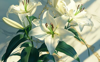 Obraz premium Elegant white lilies blooming in natural light against a marble background, showcasing delicate petals and lush green leaves