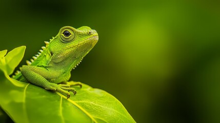 Fototapeta premium A tight shot of a green lizard perched on a verdant plant The background softly blurs
