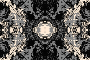 Vintage distressed psychedelic Damask black seamless pattern. Groovy style worn Damask Wallpaper texture pattern in black, grey, cream.