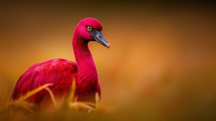  A red bird up close in tall grass field, background softly blurred