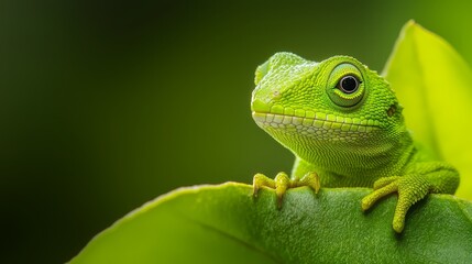 Fototapeta premium A smiling Chameleon, perched on a verdant leaf, gazes at the camera