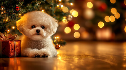 Bichon Frise dog sits under a beautifully decorated Christmas tree with glowing lights and gifts