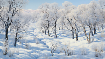 Fototapeta premium A tranquil winter landscape showcasing frosted trees and serene snow-covered ground at dawn