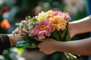 Hands exchanging vibrant bouquet of flowers in daylight