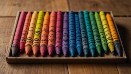 Colorful crayons arranged neatly on a wooden tray with a rustic background copy space