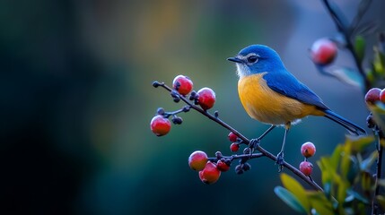  A small blue-and-yellow bird sits on a tree branch laden with berries, against a softly blurred background