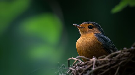  A birds-eye view of a bird on its nest, with a soft, blurred foreground and a verdant backdrop of green, leafy foliage