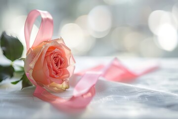 Fototapeta premium Pink Ribbon Tied Rose on White Surface Symbolizing Remembrance and Beauty