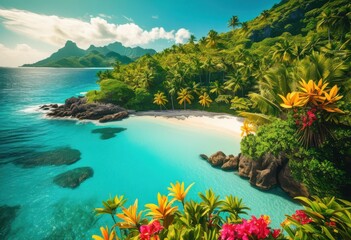 Obraz premium breathtaking tropical escapes opulent landscapes lush crystal clear vibrant flora fauna, beach, paradise, scenery, greenery, water, palm, sky, sun, clouds