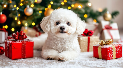 Adorable Bichon Frise dog resting near a beautifully decorated Christmas tree with presents
