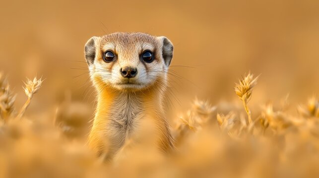  A meerkat babys stands amidst tall grass, gazing quizzically at the camera