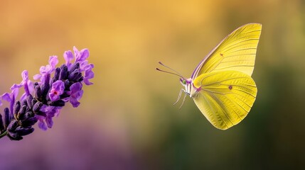 Naklejka premium A close-up of a yellow butterfly hovering above a purple flower, surrounded by blurred foreground purple blossoms
