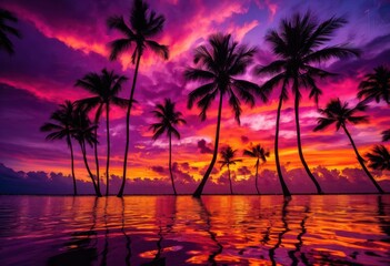vibrant palm tree silhouettes stunning sunset colorful sky dramatic cloud patterns, tropical, nature, landscape, evening, sunlight, horizon, orange, purple