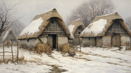 Charming winter scene with rustic cottages, snow, and bare trees in a quiet rural setting