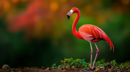Fototapeta premium A pink flamingo atop a dirt patch, near a verdant forest of green leaves and orange-yellow blooms