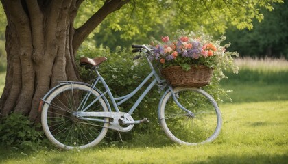 Fototapeta premium A serene summer afternoon by an old tree featuring a vintage bicycle adorned with a basket of vibrant, blooming flowers