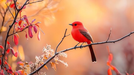  A red bird perches on a tree branch, adjacent to vibrant foliage boasting red and yellow leaves