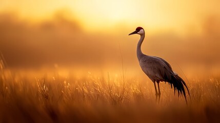 Obraz premium A large bird silhouetted against a field of tall grass as the sun sets in the distance