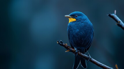 Fototapeta premium A blue bird with a yellow beak sits on a distinct branch against a blurred backdrop of interwoven twigs