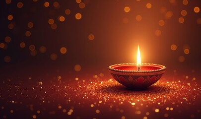 A beautifully lit diya candle surrounded by shimmering particles, perfect for celebrating festivals, spirituality, or creating a warm ambiance.