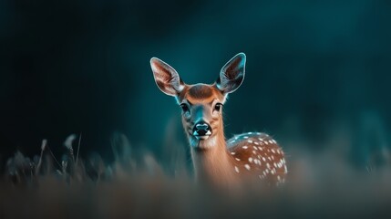  A small deer poses in a field, surrounded by tall grass Its head is turned, facing away from the camera