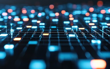 Fototapeta premium Colorful glowing grid pattern representing data streaming on a digital network at night