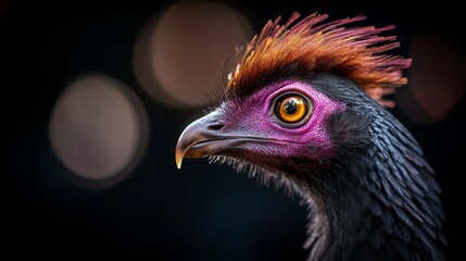  A tight shot of a bird's head against a backdrop of indistinct lights and a hazy background