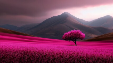  A solitary tree in a field of purple grass Mountains in background