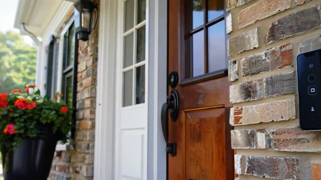 A modern smart doorbell mounted on a brick wall next to a wooden door, complemented by colorful flowers in a nearby pot, creating an inviting home entryway.