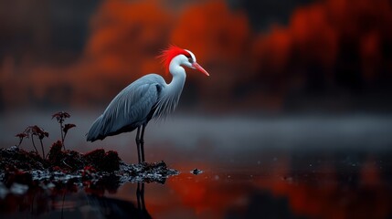 Fototapeta premium A red-headed bird perched on a rock by a tranquil body of water Behind it, a solitary tree stands tall in the backdrop