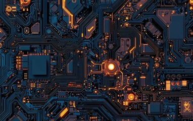 Fototapeta premium Intricate circuit board design with glowing elements in dark tones showcasing advanced technology and engineering
