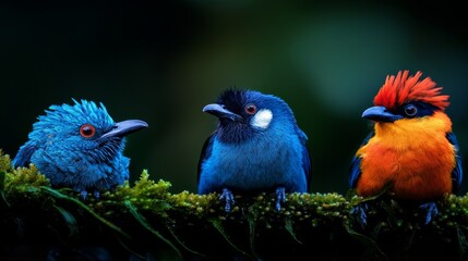 Obraz premium Three vibrant birds perch atop a moss-covered branch against a dark backdrop