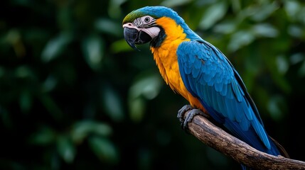 Fototapeta premium A parrot, colored blue and yellow, perches on a tree branch against a backdrop of a lush, green forest filled with leaves