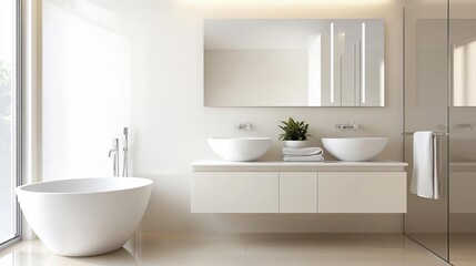 Fototapeta premium Spacious minimalist bathroom with beige and white tones, frameless mirrors, minimalist bathroom, modern sleek style