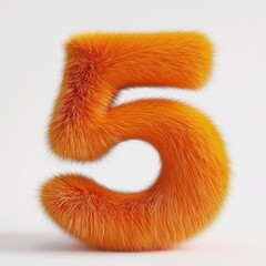 3D number 5 with orange fur texture realistic modern design, soft lighting, white background. 