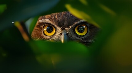 Obraz premium A tight shot of an owl's face concealed by a green leafy branch, revealing its yellow eyes