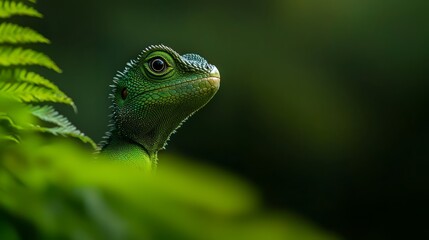 Fototapeta premium A tight shot of a green lizard perched on a plant against a softly blurred backdrop