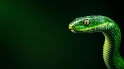 Fototapeta premium A tight shot of a green snake's head, its eyes fully dilated, and tongue extended