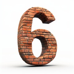3D number 6 with brick texture realistic modern design, soft lighting, white background. 