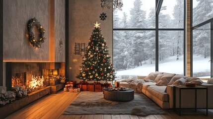 A cozy living room adorned for Christmas, featuring a beautifully decorated tree, a warm fireplace, and a snowy landscape visible through large windows.