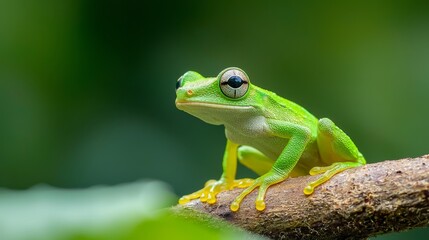 Fototapeta premium A tight shot of a frog perched on a branch, surrounded by out-of-focus green foliage