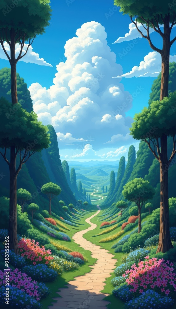 Wall mural a vibrant, picturesque landscape featuring a winding path through lush greenery and colorful flowers