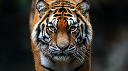 Fototapeta premium A tight shot of a tiger's intense gaze into the camera, surrounded by a softly blurred backdrop of tree trunks and foliage