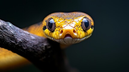 Fototapeta premium A tight shot of a yellow snake's head on a branch, tongue extended, and eyes fully opened